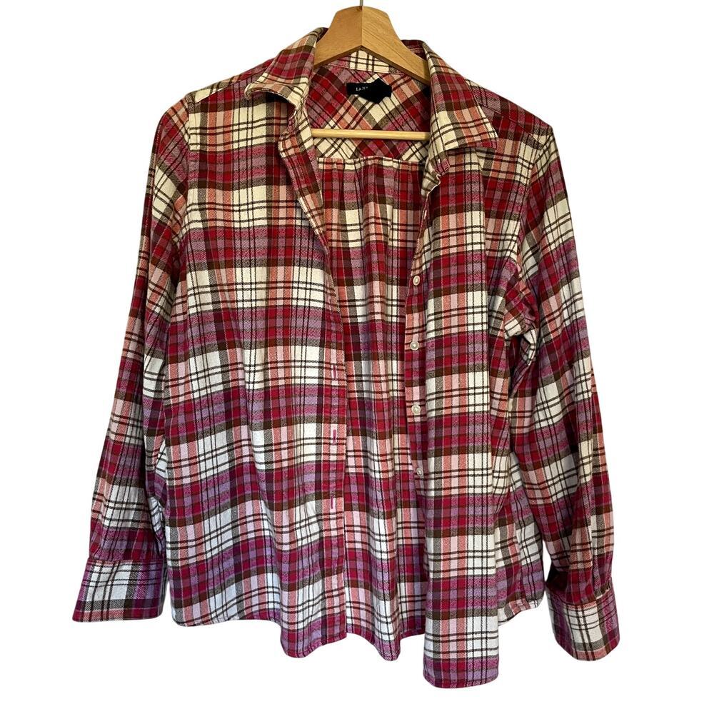 Lands'‎ End pink white checkered button down long sleeved flannel top women's M